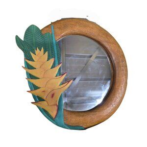 Handmade 3D Intarsia Wood Art Tropical Flower Wall Mirror 15in Vintage 1999